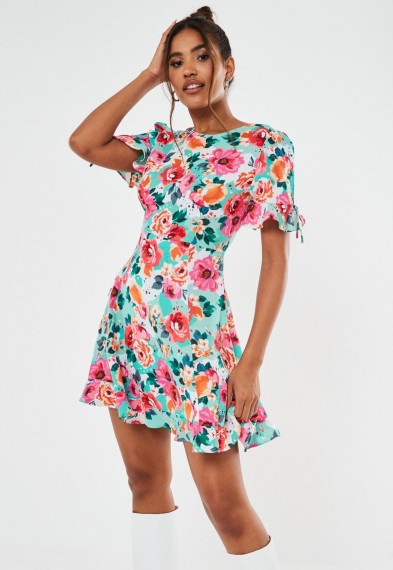 MISSGUIDED pink floral ruffle a line mini dress – frill trim dresses