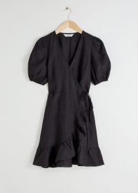 Stories Puff Sleeve Linen Wrap Mini Dress Black | LBD