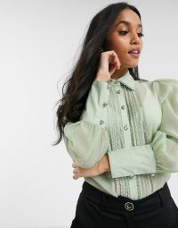 River Island Petite pleated front shirt in sage green – sheer chrochet detail shirts