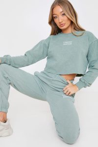 SHAUGHNA PHILLIPS SAGE WASHED ‘LIMITED EDITION’ SLOGAN CROP SWEATSHIRT ~ green sweat top