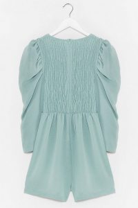 NASTY GAL Shirred It All Before Puff Sleeve Romper Sage