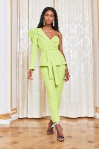 Lavish Alice statement one shoulder belted jacket in lime | structured fashion