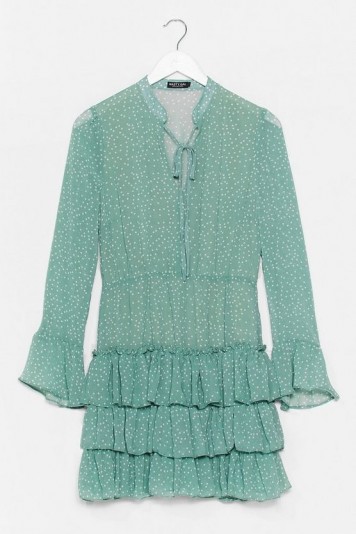 NASTY GAL There’s Frill Time Spotty Mini Dress Sage – tiered dresses