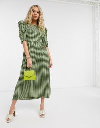 Topshop cross back midi dress in lime gingham ~ puff sleeve dresses