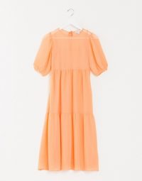 Warehouse chiffon tiered maxi dress in orange | puff sleeve dresses