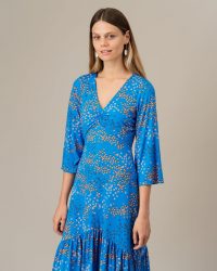 JIGSAW ANIMAL FLORAL RUCHED TIER DRESS AZURE BLUE / dress-up or down clothing