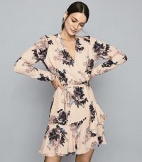 REISS ANJA FLORAL PRINTED MINI DRESS PINK PRINT / ruffle hem wrap dresses