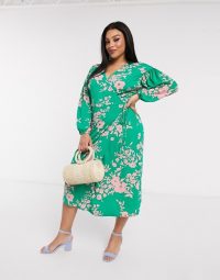 ASOS DESIGN Curve wrap midi tea dress with bright floral – green & pink plus size dresses