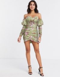 ASOS DESIGN off shoulder pleated mini dress with belt in floral print / green ruched bardot dresses