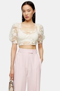 Topshop Cream Embroidered Mesh Floral Top | sheer crop tops