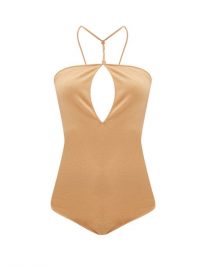 BOTTEGA VENETA Cross-back halterneck cashmere-blend bodysuit / beige summer bodysuits