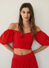 Mango VENICE Draped crop top | red ruched fitted bardot tops