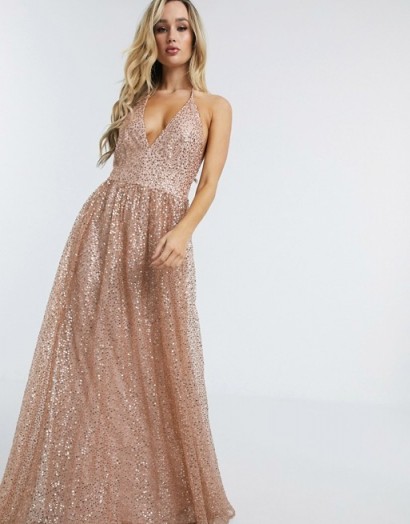 Goddiva plunge glitter cami maxi dress in metallic blush – glittering occasion dresses