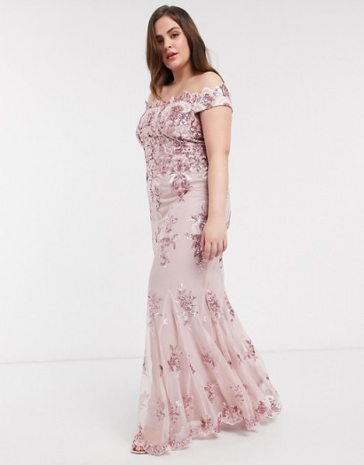 Goddiva Plus off shoulder embellished sequin dress in rose pink – bardot evening dresses