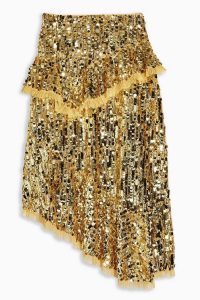 TOPSHOP Gold Sequin Ruffle Midi Skirt – sparkly asymmetric skirts