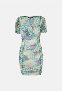 MISSGUIDED green floral print mesh ruched front mini dress