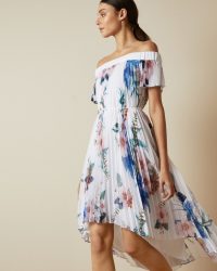 TED BAKER LUNER Jamboree pleated off the shoulder dress / high low bardot dresses