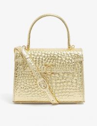 LAUNER Judi croc-embossed leather top handle bag in wendy lamé gold ~ glamorous handbags ~ instant glamour