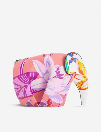 LOEWE Loewe x Paula’s Mini Elephant Waterlily-print calfskin cross-body bag in pink/white ~ cute animal shape bags