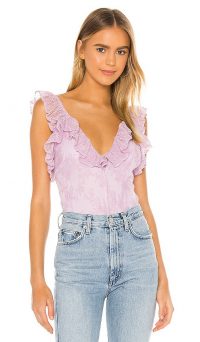 Lovers + Friends Eloise Bodysuit Lilac Purple | ruffle trimmed bodysuits