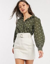 Mango volume sleeve polka dot shirt in khaki