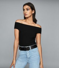 REISS MEGAN KNITTED BARDOT TOP BLACK ~ off the shoulder tops