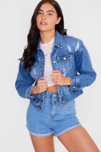 IN THE STYLE MID WASH DISTRESSED POCKET DETAIL DENIM JACKET