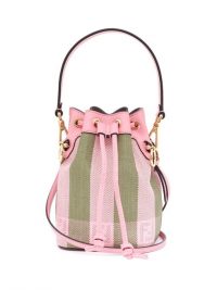 FENDI Mon Tresor mini logo-jacquard canvas bucket bag in pink and green ~ small luxe bags