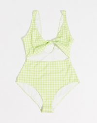 Monki Kikki recycled polyester retro gingham print cut out swimsuit in green