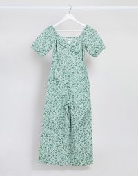 Monki Nala organic cotton short puff sleeve floral print jumpsuit in green – summer jumpsuits