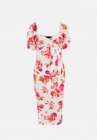 MISSGUIDED pink floral print maternity wrap milkmaid midi dress / pregnancy fashion