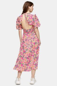 TOPSHOP TOPSHOP Pink Puff Sleeve Midi Dress / open back daisy print frock