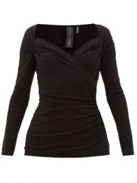 NORMA KAMALI Queen Anne-neckline gathered stretch-jersey top ~ fitted ruched tops