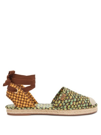 FENDI Quilted floral-print & gingham canvas espadrilles ~ summer ankle tie flats