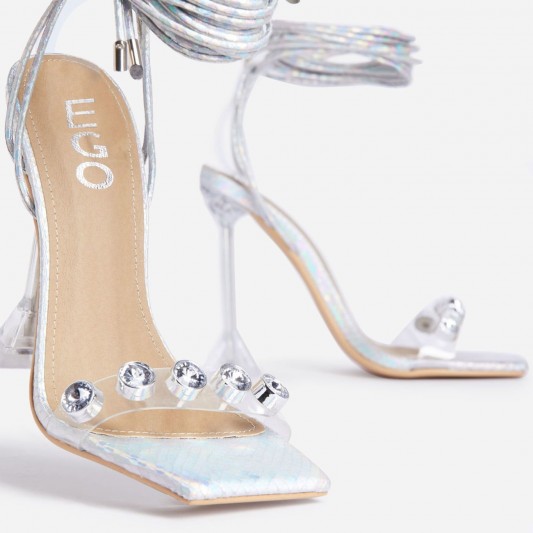 EGO Reina Gem Detail Square Toe Lace Up Clear Perspex Pyramid Heel In ...