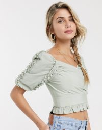 Skylar Rose wrap front top with ruffle trims sage