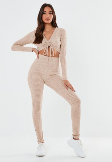 MISSGUIDED stone ribbed ruched top and leggings co ord set