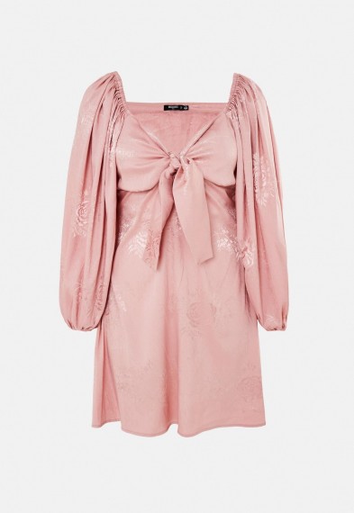 MISSGUIDED tall pink satin jacquard puff sleeve mini dress – knot detail party dresses