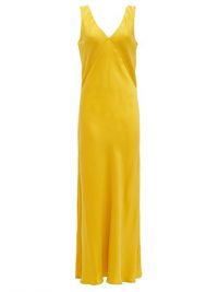 ASCENO The Bordeaux V-neck silk slip dress in ~ yellow summer slip dresses