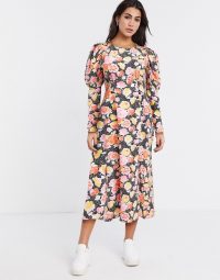 Topshop volume sleeve midi dress in multi