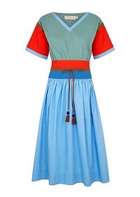 TORY BURCH Colour-blocked cotton-poplin midi dress / blue and red fit and flare