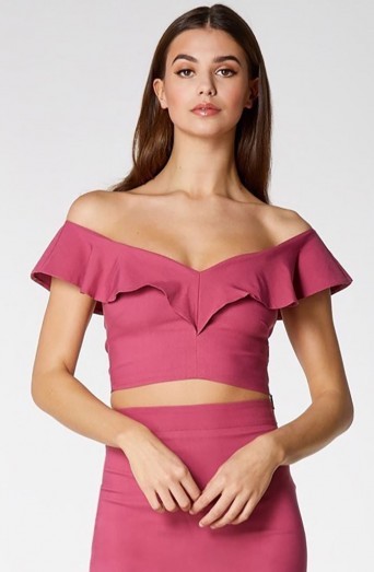 Vesper Anna Dusky Rose Bardot Frill Crop Top – ruffled off the shoulder tops