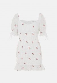 MISSGUIDED white broderie anglaise embroidered mini dress / puffed sleeves / frill trim hemline