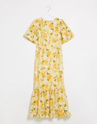 ASOS DESIGN puff sleeve maxi dress with pephem in 70’s yellow based floral / vintage look prints