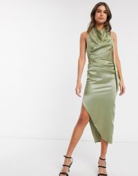 ASOS DESIGN Tall halter drape detail midi dress with buckle in sage – draped asymmetric dresses