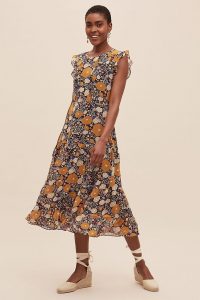 ANTHROPOLOGIE Jameela Floral Ruffled Midi Dress / ruffle trimmed summer frock