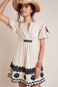 ANTHROPOLOGIE Orla Embroidered Mini Dress / puff sleeve dresses