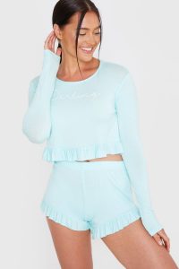 BILLIE FAIERS MINT ‘DARLING’ SLOGAN FRILL HEM TOP AND SHORTS PYJAMA SET – pyjamas – nightwear