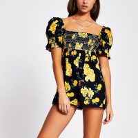 RIVER ISLAND Black floral bardot beach playsuit