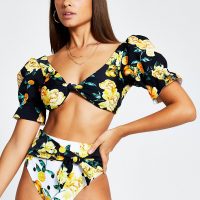 RIVER ISLAND Black floral puff sleeve knot bikini top